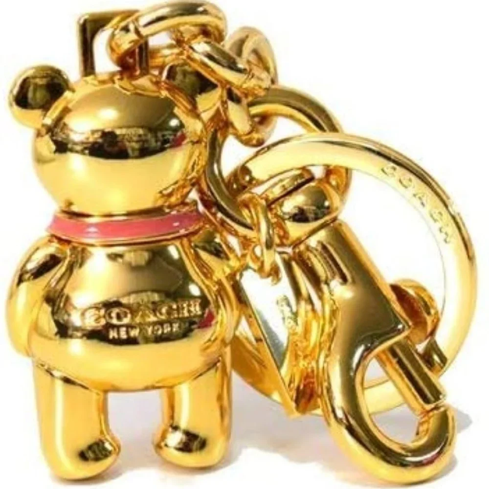 NWT Coach Key chain  Bag Purse Charm Fob Bear Gold 3D Heavy Pink Rhinestone Star - Picture 2 of 4
